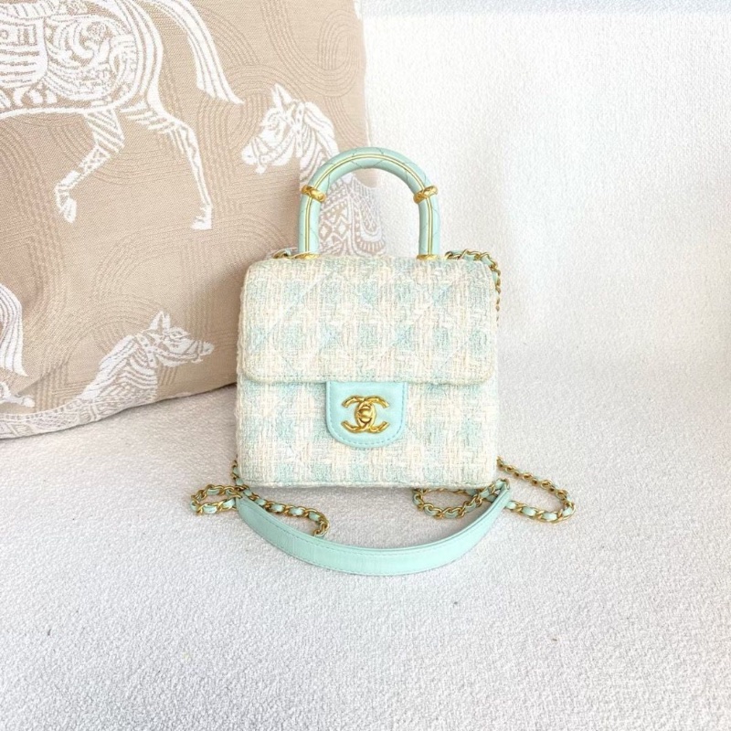 Chanel毛呢粗花款手柄盒子包 芯片款 白拼綠色 金扣16*14*7 9新 配件塵袋-1
