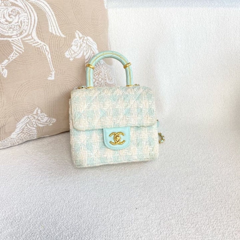Chanel毛呢粗花款手柄盒子包 芯片款 白拼綠色 金扣16*14*7 9新 配件塵袋-3