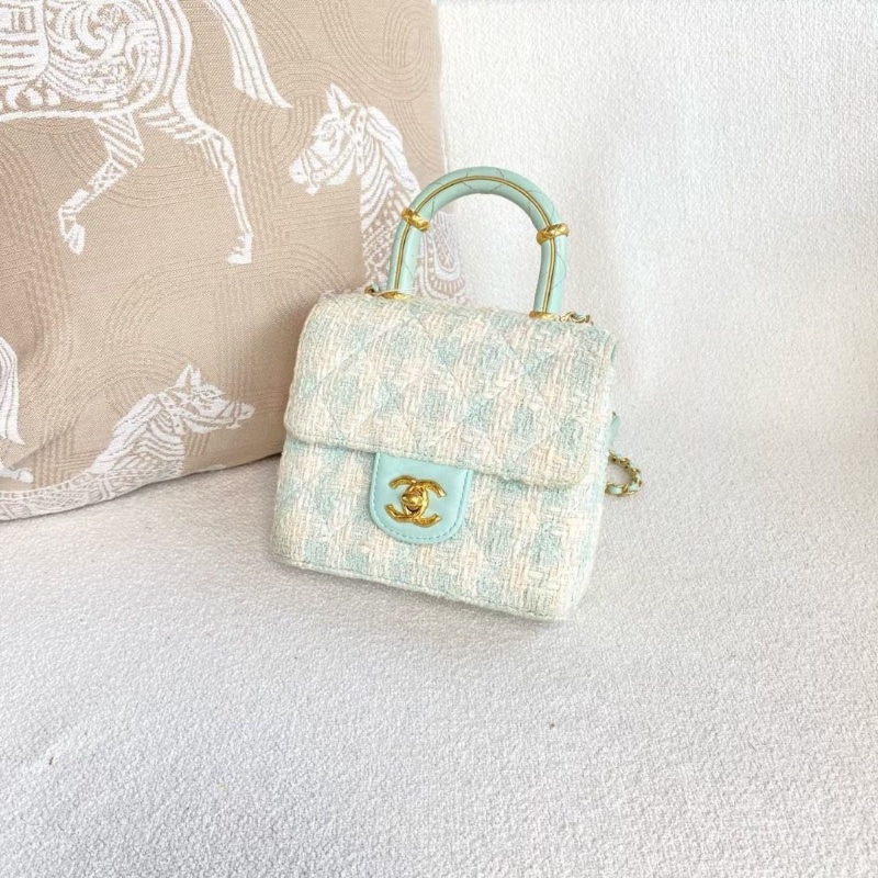Chanel毛呢粗花款手柄盒子包 芯片款 白拼綠色 金扣16*14*7 9新 配件塵袋-5