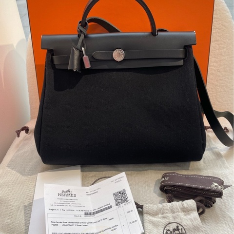 愛馬仕/Hermes herbag31 zip 黑銀 牛皮拼帆布