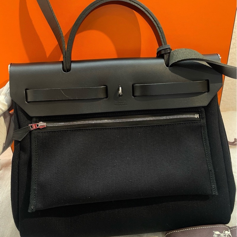 愛馬仕/Hermes herbag31 zip 黑銀 牛皮拼帆布-2