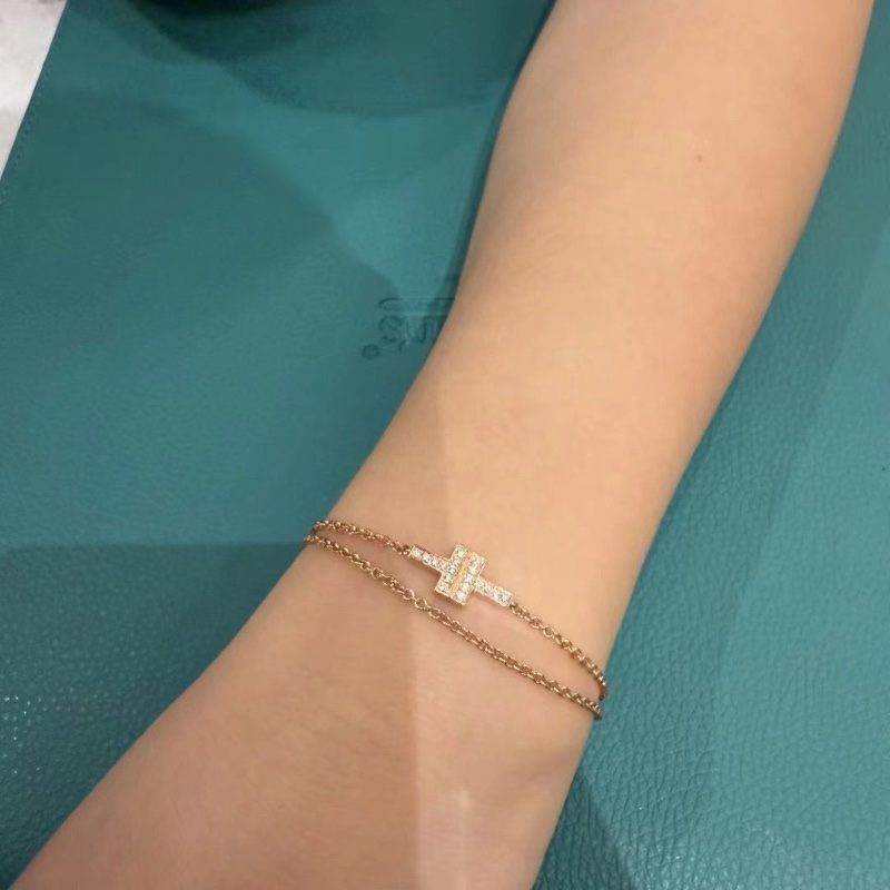 Tiffany&Co 雙T滿鑽黃金色雙層手鍊雙鏈條靈動輕盈,18K 95新 配件盒子購證-0