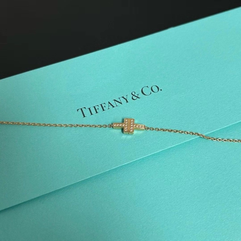 Tiffany&Co 雙T滿鑽黃金色雙層手鍊雙鏈條靈動輕盈,18K 95新 配件盒子購證-4