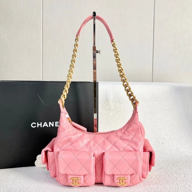 Chanel hobo嬉皮包 芯片款 粉色 金扣 羊皮 25*22*12 9新 配件塵袋-1