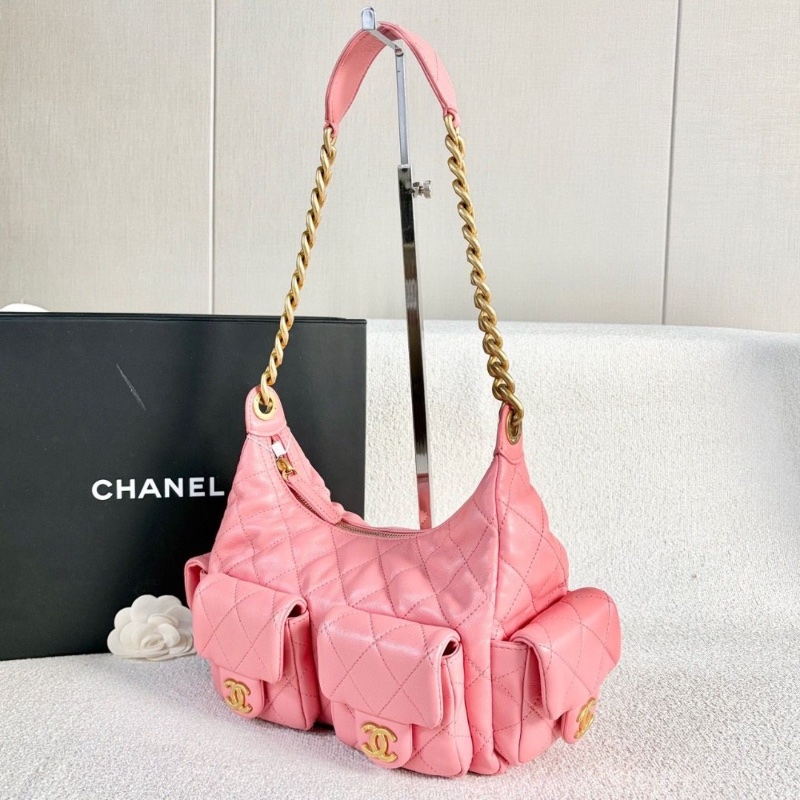 Chanel hobo嬉皮包 芯片款 粉色 金扣 羊皮 25*22*12 9新 配件塵袋-3