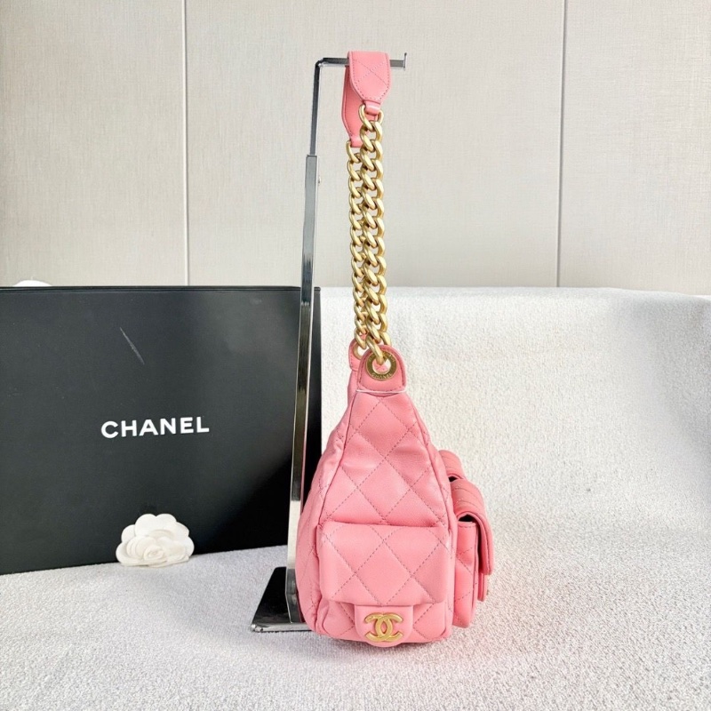 Chanel hobo嬉皮包 芯片款 粉色 金扣 羊皮 25*22*12 9新 配件塵袋-6