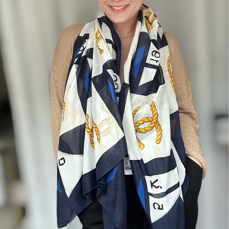 CHANEL Vintage 絲質圍巾|航海繩索雙C圖騰 香奈兒披肩 圍巾-1