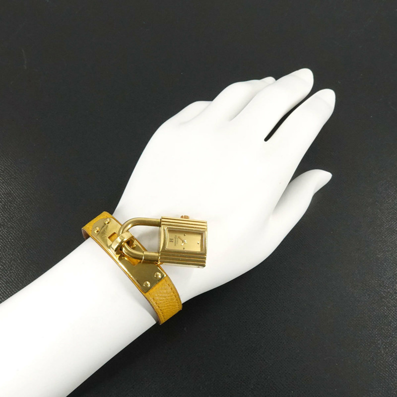 愛馬仕凱莉女士腕錶,金色石英錶,帶掛鎖-2