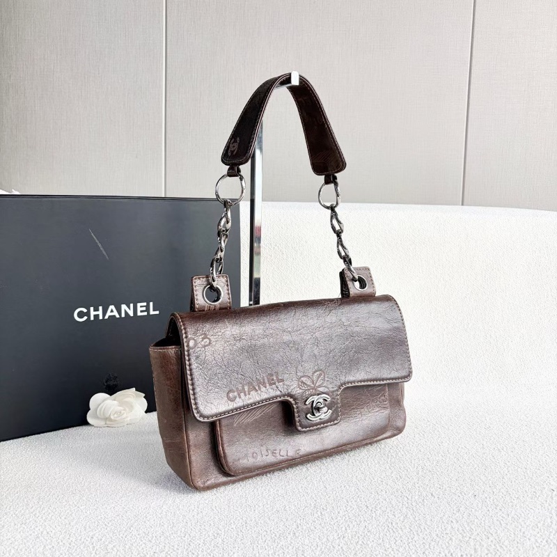 Chanel塗鴉仿舊肩背腋下包 棕色 銀扣 牛皮25*16*7 98新配件塵袋-2