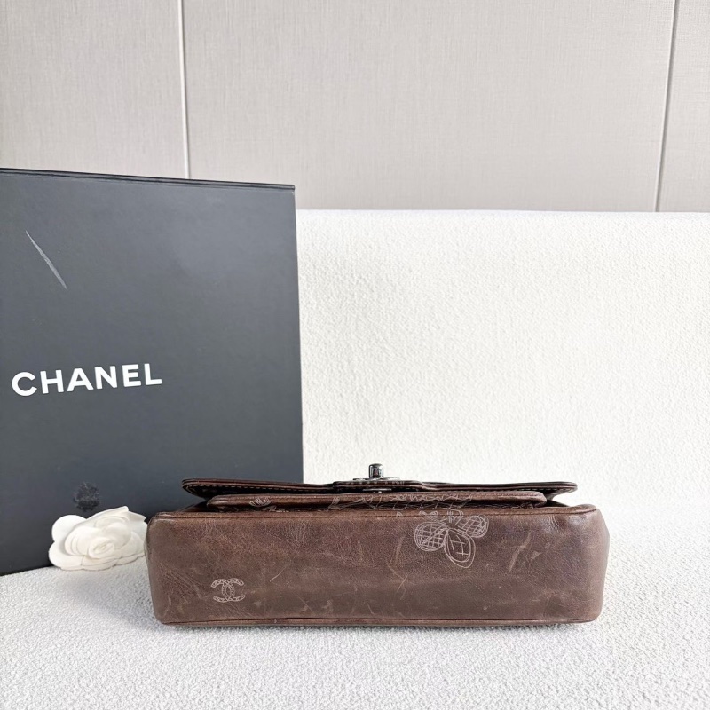 Chanel塗鴉仿舊肩背腋下包 棕色 銀扣 牛皮25*16*7 98新配件塵袋-3