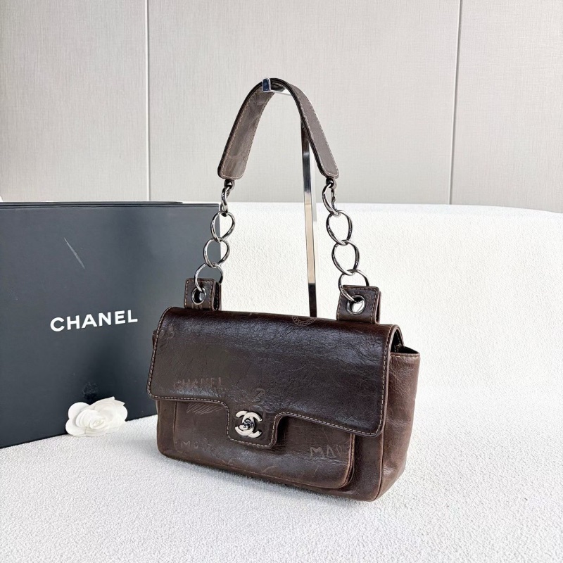 Chanel塗鴉仿舊肩背腋下包 棕色 銀扣 牛皮25*16*7 98新配件塵袋-4