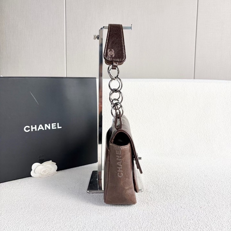 Chanel塗鴉仿舊肩背腋下包 棕色 銀扣 牛皮25*16*7 98新配件塵袋-5