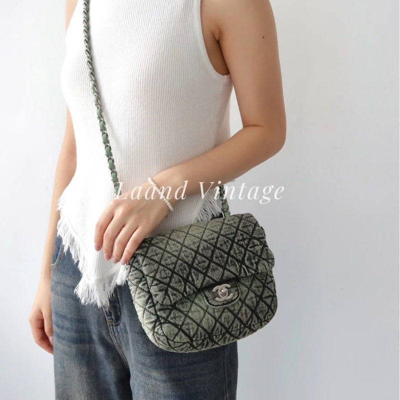 Chanel 漸變綠丹寧方胖子 20*16cm 99新配件保卡塵袋-0
