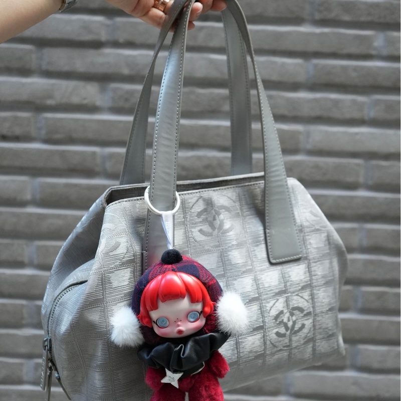 香奈兒 中古包 冰格 銀色手提托特包 黑銀 皮革包 二手古董包 腋下包 小包 古董 中古二手Chanel bag silver travel line bag-0