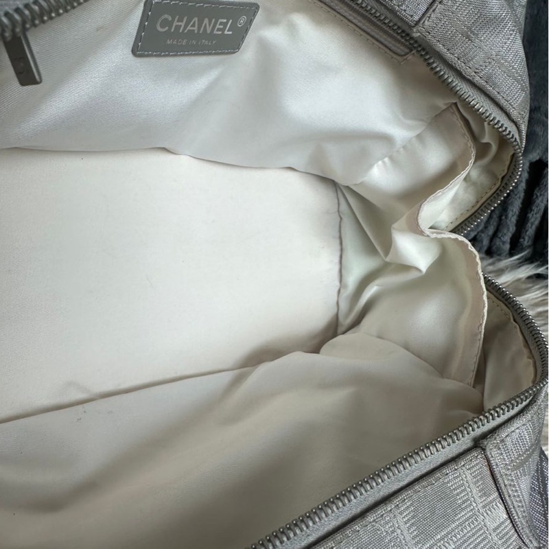 香奈兒 中古包 冰格 銀色手提托特包 黑銀 皮革包 二手古董包 腋下包 小包 古董 中古二手Chanel bag silver travel line bag-33