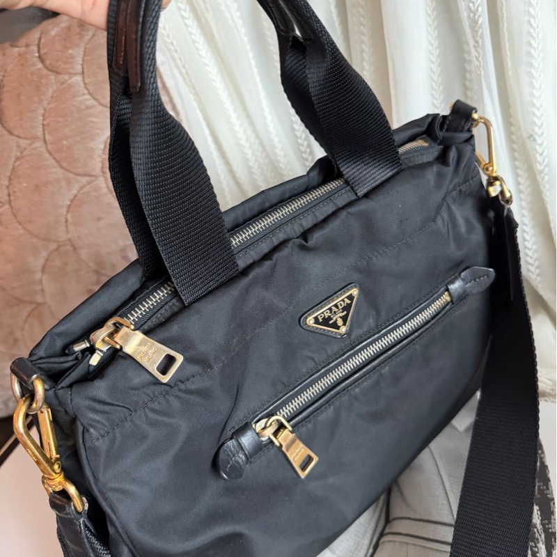 普拉達 包 尼龍斜挎包 包包 黑色 黑色 黑銀 皮革包 二手古董包 古董 中古二手prada Re-Nylon black crossbody bag-19