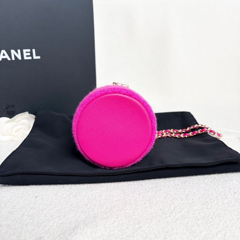 Chanel毛呢拼皮圓桶晚宴化妝包玫紅色金扣 翻蓋帶鏡子8.5*9*8.5 99新配件塵袋-5