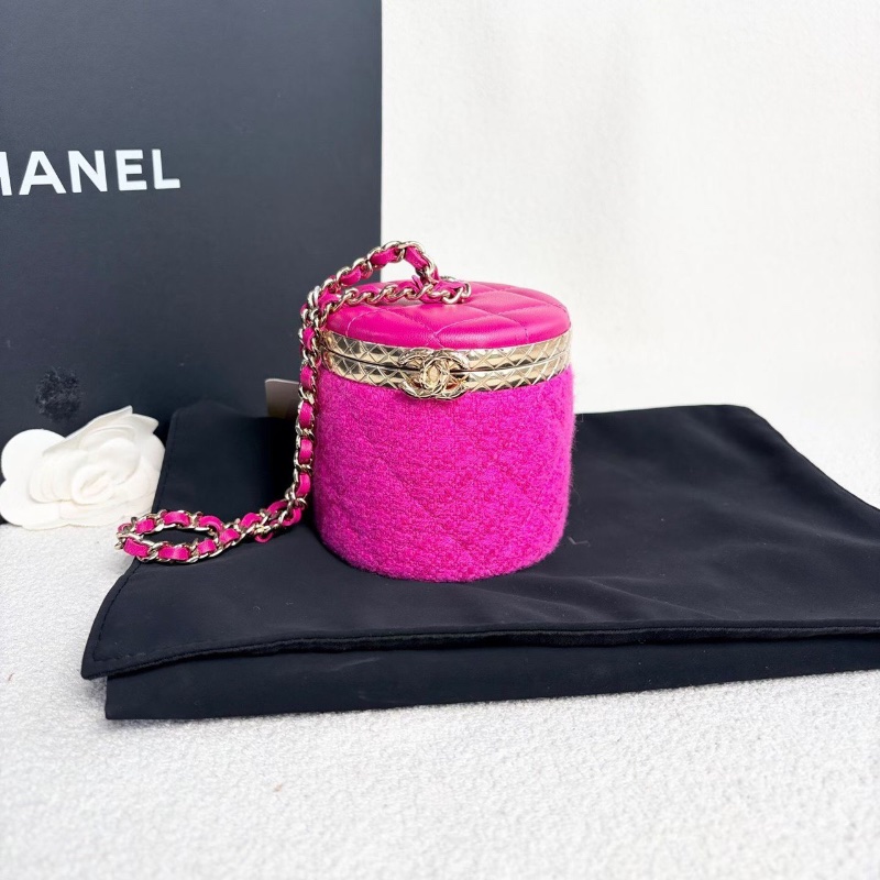 Chanel毛呢拼皮圓桶晚宴化妝包玫紅色金扣 翻蓋帶鏡子8.5*9*8.5 99新配件塵袋-7