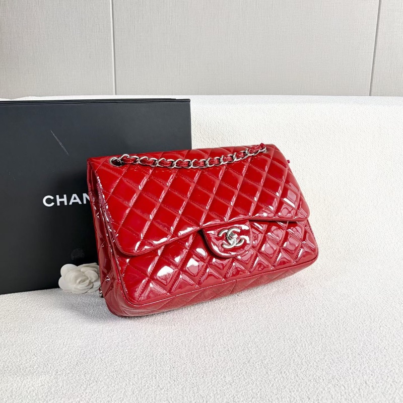 Chanel 漆皮CFJumbo雙蓋鏈條包 紅色 銀扣 漆皮 30*20*9 98新配件塵袋-3