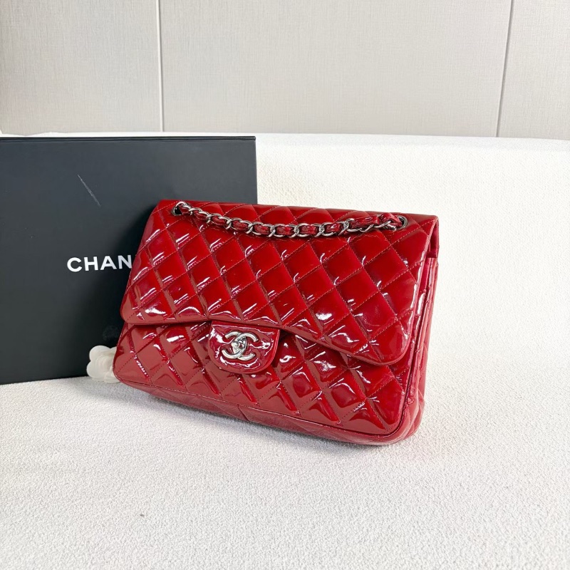 Chanel 漆皮CFJumbo雙蓋鏈條包 紅色 銀扣 漆皮 30*20*9 98新配件塵袋-5