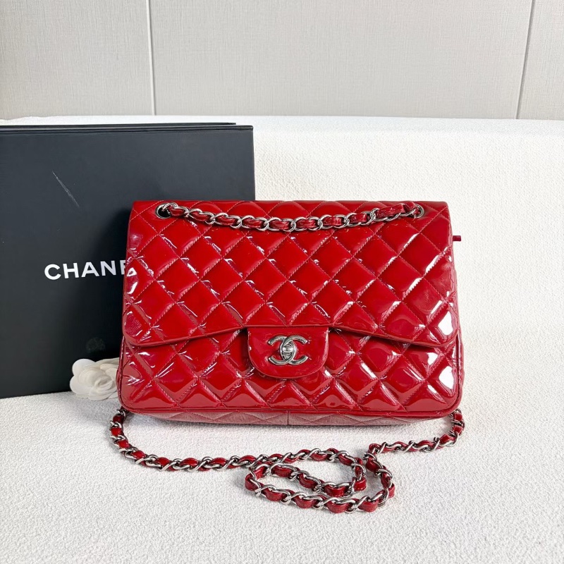 Chanel 漆皮CFJumbo雙蓋鏈條包 紅色 銀扣 漆皮 30*20*9 98新配件塵袋-6