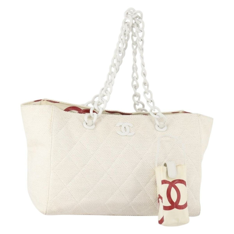 【日本直送】香奈兒塑膠鏈條手提包 草編 白色 CC Auth 171126-0