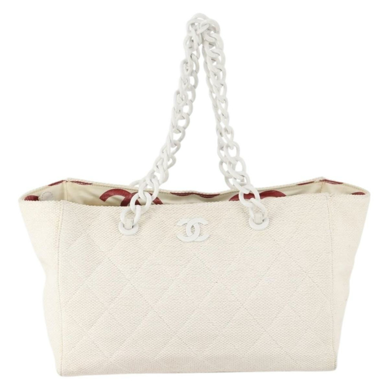 【日本直送】香奈兒塑膠鏈條手提包 草編 白色 CC Auth 171126-12