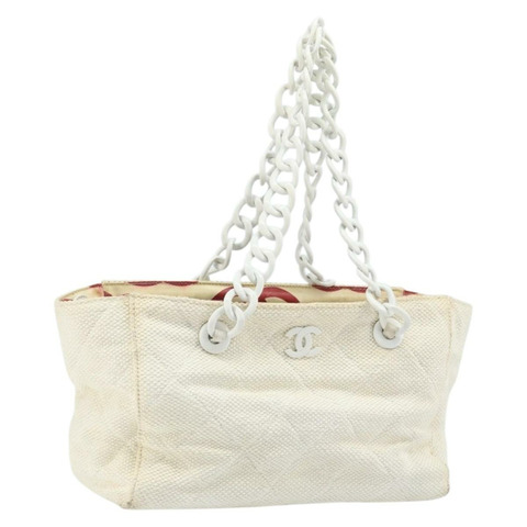 香奈兒 (CHANEL) Matelasse 塑膠鏈條單肩包 草編 米色 金 CC 標誌 Auth 170647A