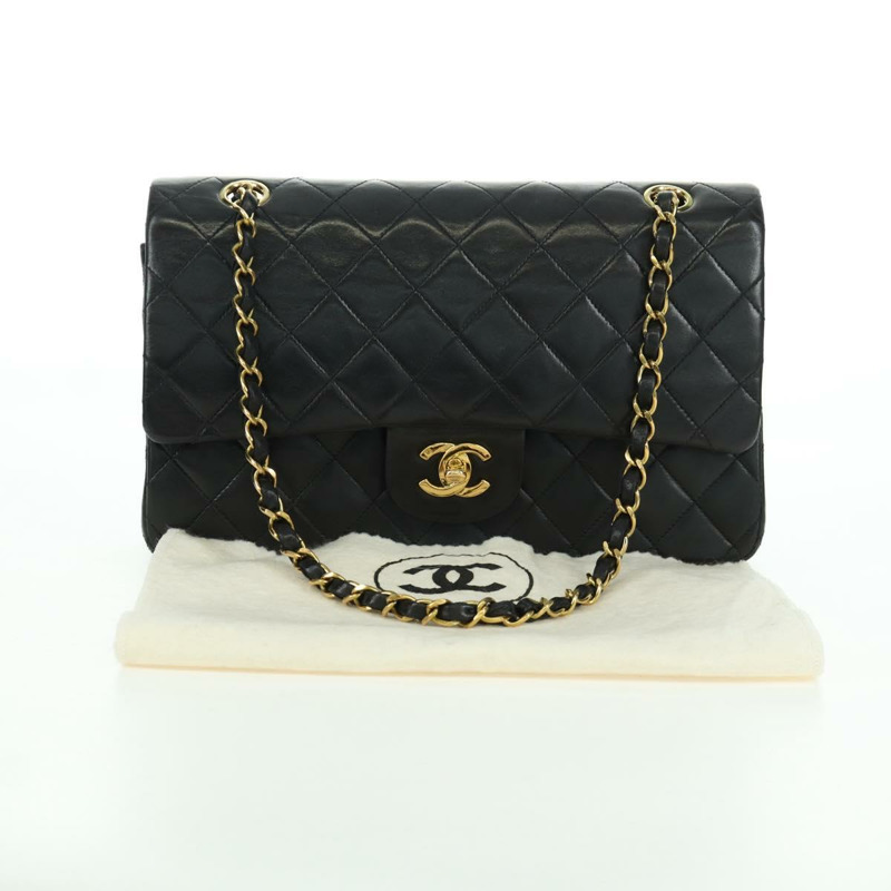 【日本直送】香奈兒 Matelasse 25 雙蓋鏈條包 羊皮 金色 黑色 CC Auth ARZ720SAV-11