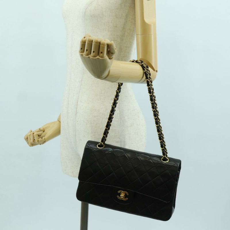【日本直送】香奈兒 Matelasse 25 雙蓋鏈條包 羊皮 金色 黑色 CC Auth ARZ720SAV-30