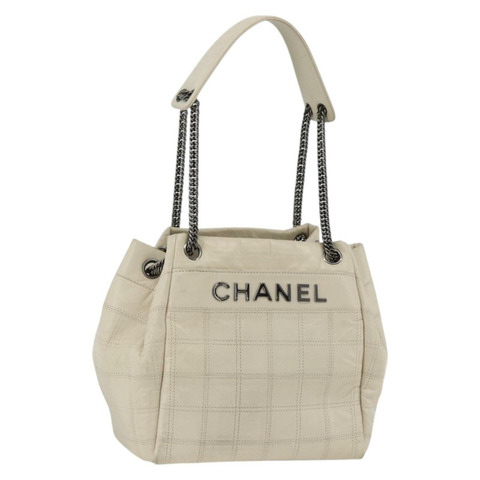 香奈兒 Choco Bar 鏈單肩包 白色羊皮 CC Auth LNZ762A