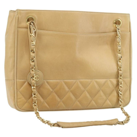 香奈兒 (CHANEL) Matelasse 鏈條手提包，羊皮材質，米色，金色 CC 標誌，正品 gh2001A