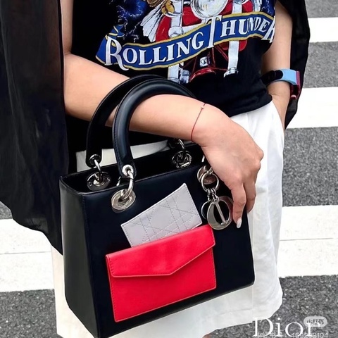 Dior限量黛妃五格 黑色牛皮 銀扣24*20*12  98新配件肩帶 子包 塵袋