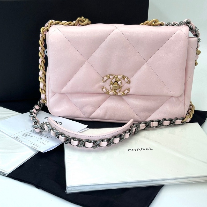 CHANEL 櫻花粉金扣19bag小號肩背斜背包25*15*7 99新配件盒子 塵袋 卡冊 購證-2