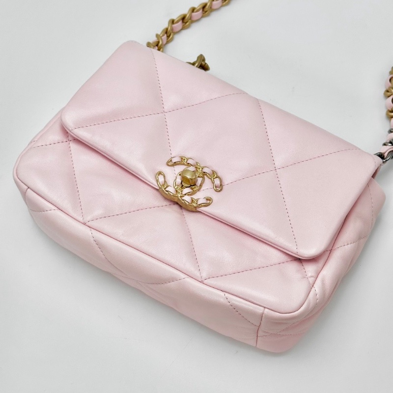 CHANEL 櫻花粉金扣19bag小號肩背斜背包25*15*7 99新配件盒子 塵袋 卡冊 購證-5