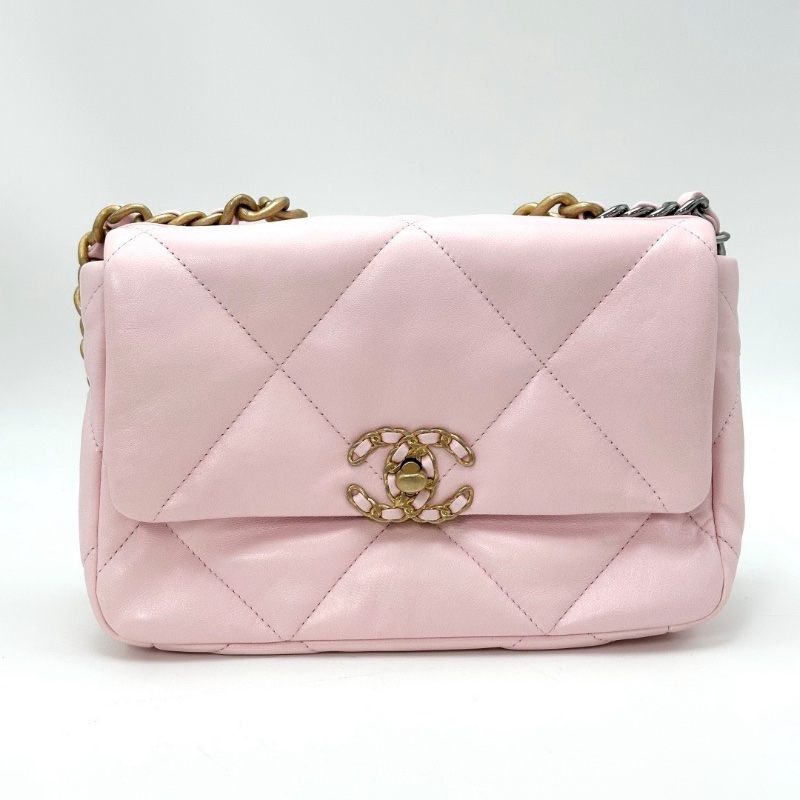 CHANEL 櫻花粉金扣19bag小號肩背斜背包25*15*7 99新配件盒子 塵袋 卡冊 購證-6