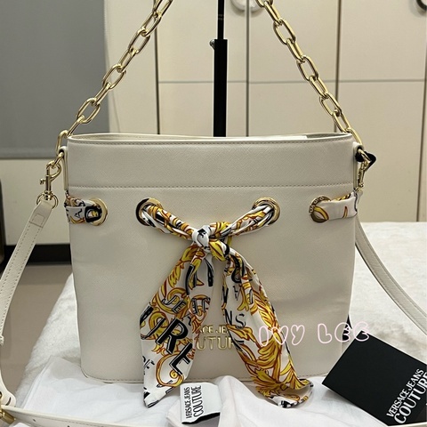 Versace Jeans Couture 白巴洛克絲巾74VA4BAD水桶包 金鍊條 斜背包 肩背包 正品 二手精品