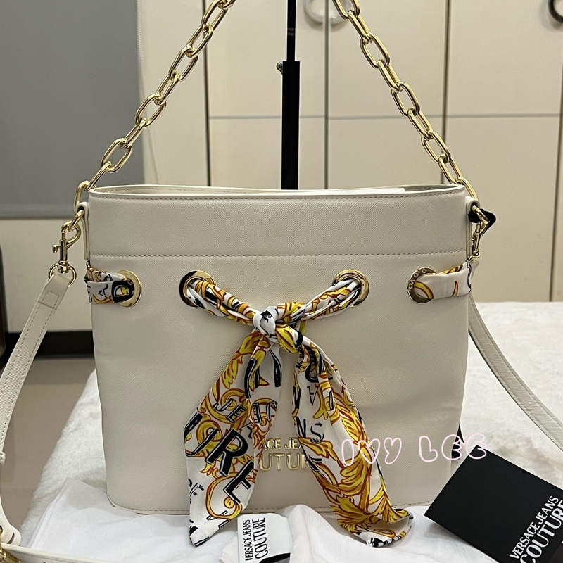 Versace Jeans Couture 白巴洛克絲巾74VA4BAD水桶包 金鍊條 斜背包 肩背包 正品 二手精品-0