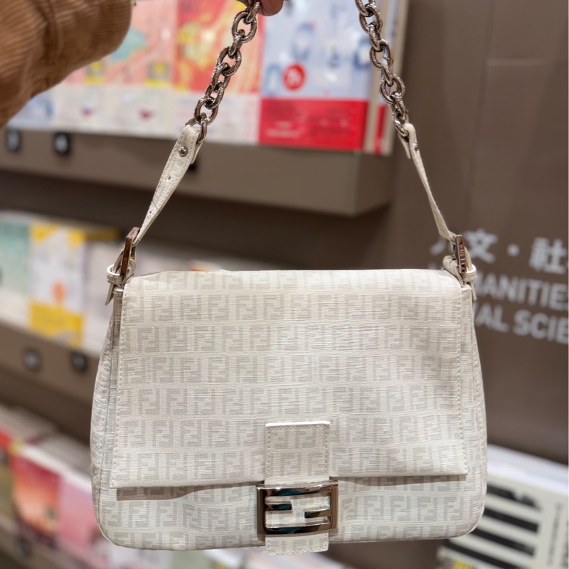 Fendi Zucchino Mama PVC 白 銀鍊 法棍包 肩背包 側背包 手提包-0