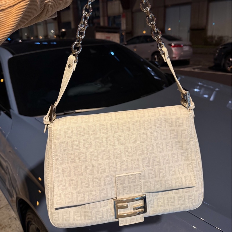 Fendi Zucchino Mama PVC 白 銀鍊 法棍包 肩背包 側背包 手提包-1