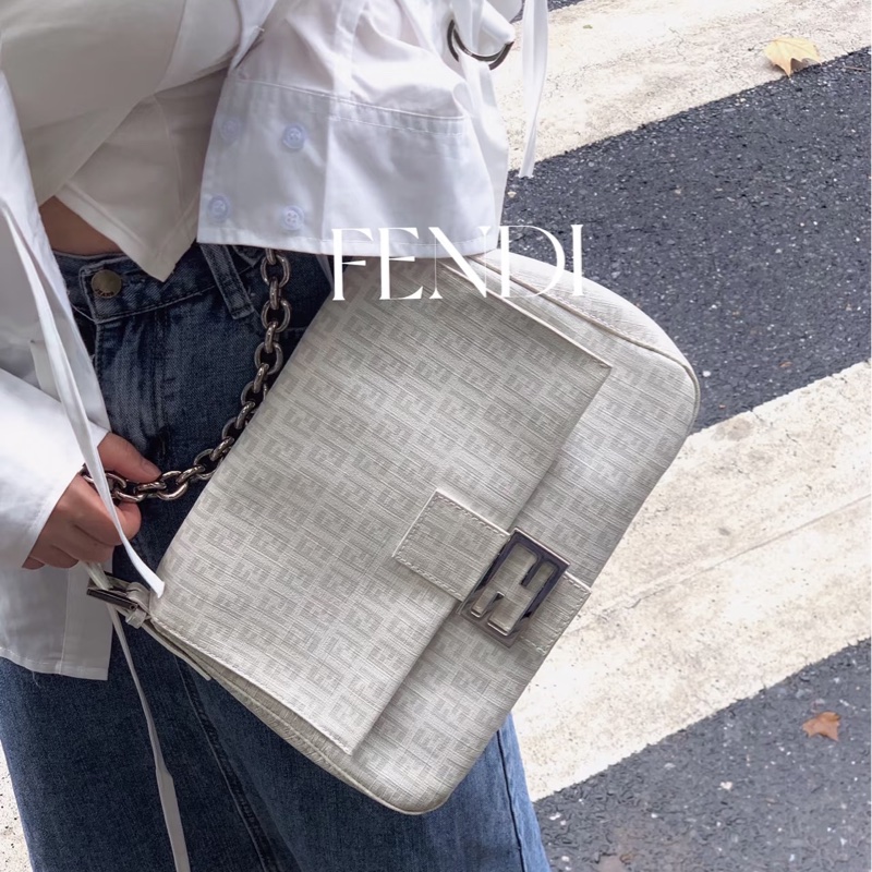 Fendi Zucchino Mama PVC 白 銀鍊 法棍包 肩背包 側背包 手提包-2