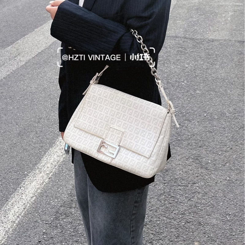Fendi Zucchino Mama PVC 白 銀鍊 法棍包 肩背包 側背包 手提包-3