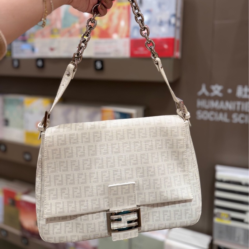 Fendi Zucchino Mama PVC 白 銀鍊 法棍包 肩背包 側背包 手提包-10