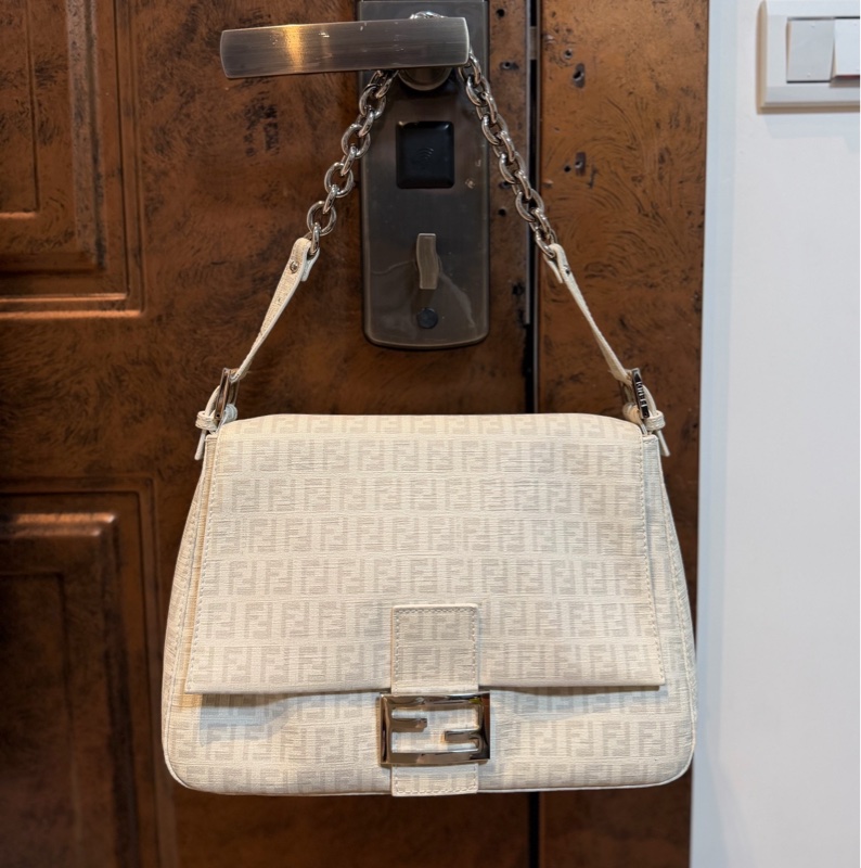 Fendi Zucchino Mama PVC 白 銀鍊 法棍包 肩背包 側背包 手提包-11