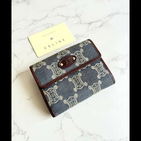 【LA LUNE】絕版古董包 Celine 牛仔藍凱旋門短夾 銀包 皮夾 中古包 二手包