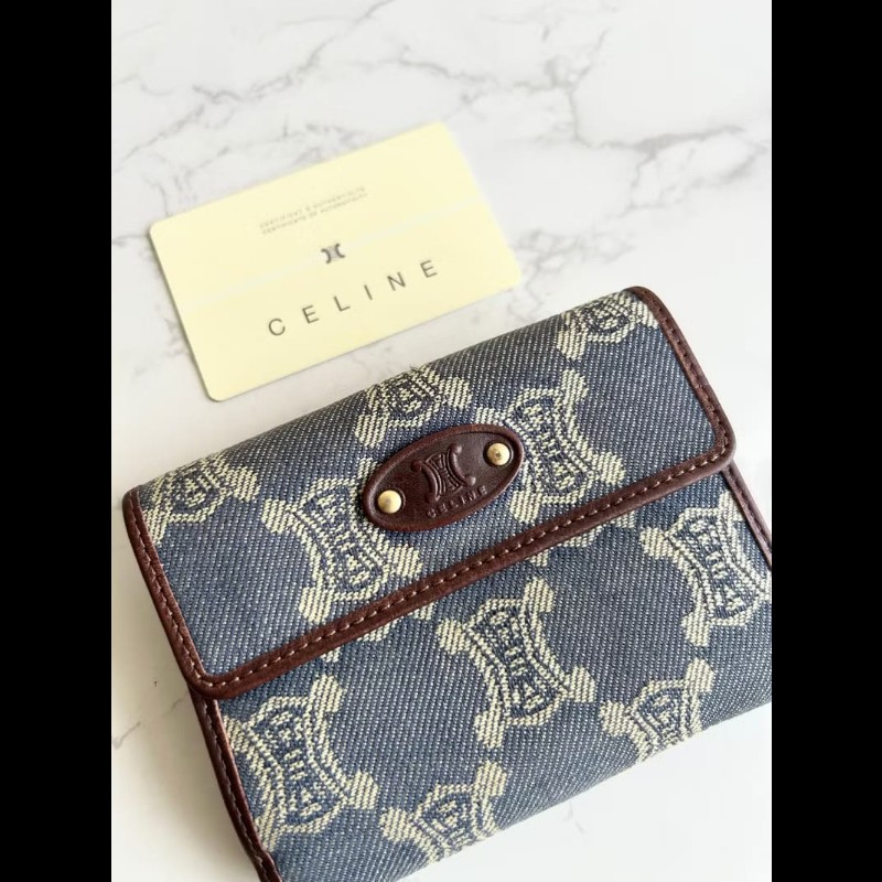 【LA LUNE】絕版古董包 Celine 牛仔藍凱旋門短夾 銀包 皮夾 中古包 二手包-1