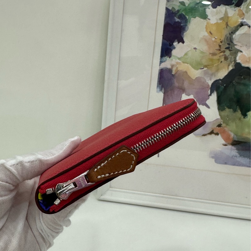 Hermes愛馬仕長拉鍊皮夾,X刻 紅色牛皮,經典絲綢內裡,99新-2