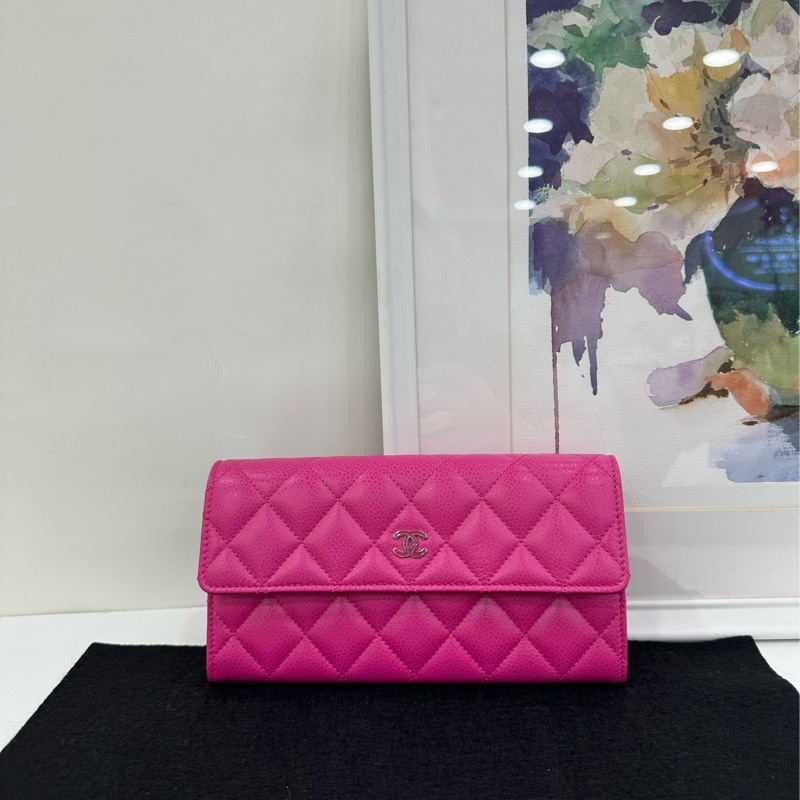 Chanel香奈兒長款荔枝牛皮皮夾,雙C銀,21開 99新-1