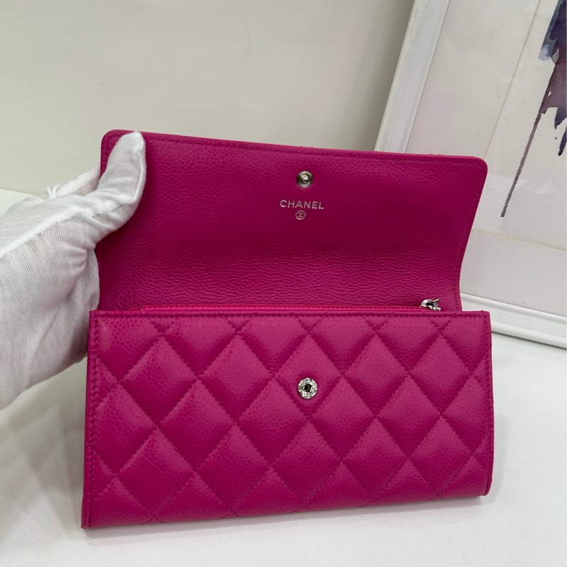 Chanel香奈兒長款荔枝牛皮皮夾,雙C銀,21開 99新-5