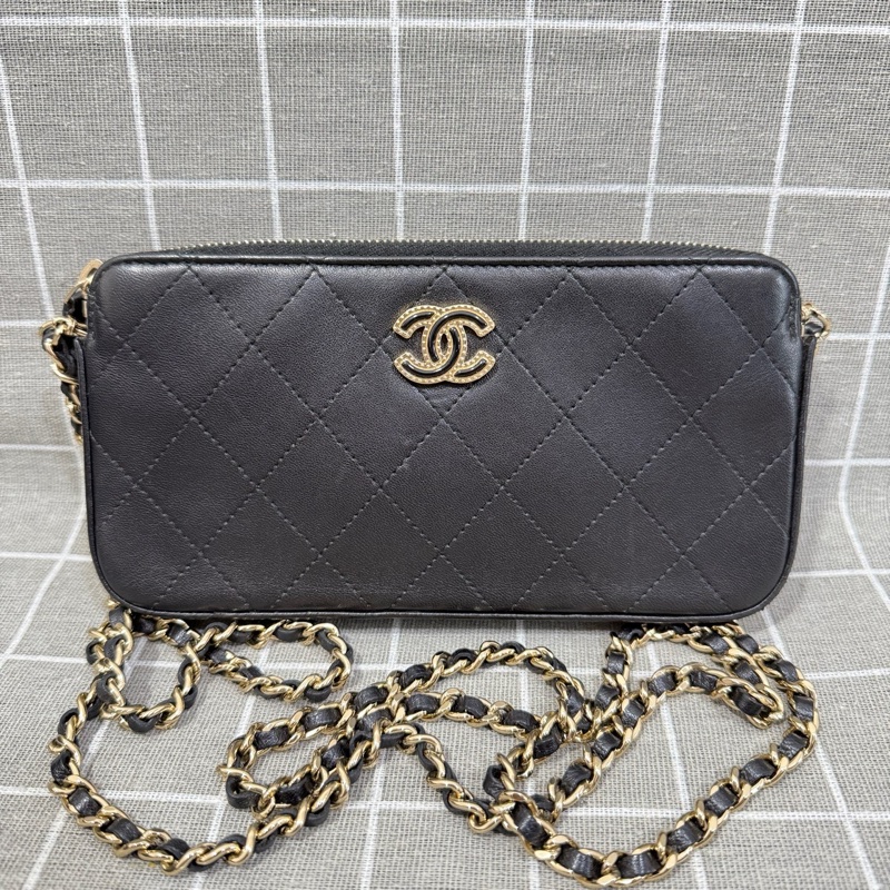 香奈兒/Chanel  黑色菱格  雙C款  底長18.5  成色OK  包型板正  內里乾淨-0
